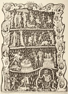 De kwellingen van de hel, uit een miniatuur in een 12e-eeuws manuscript vernietigd na een brand in de bibliotheek van Straatsburg tijdens een Pruisische bombardement door Unbekannt