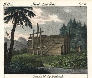 Het houten graf van de Wakashan Indianen (Canada). Lithografie voor het boek: “Galerie complete en tableaux fideles des peuples d