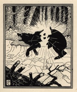 De baron blaast een zwarte beer op met twee vuurstenen. Illustratie door William Strang (1859-1921) en JB Clark uit “The Adventures of the Baron of Munchausen (Munchhausen) door Rudolf Erich Raspe (1736-1794) (1789) door Unbekannt