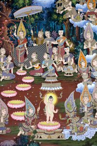 De geboorte van de baby Siddhartha, muurschildering, Wat Maniratanaram klooster, Phnom Penh, 2022 (foto) door Unbekannter Künstler