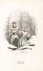 De feeën doorboren sneeuw en sleutelbloem in een besneeuwd landschap - Ets door Charles Geoffroy (1819-1882), gebaseerd op een illustratie door Jean Ignace Isidore Gerard alias J.J.J.Granville (1803-1847), voor Les fleurs animees