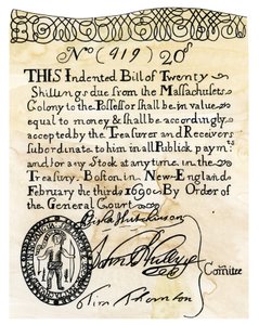 Het eerste Amerikaanse papiergeld ter waarde van 20 shilling, uitgegeven door het General Court van de Boston Colony (Massachusetts, VS) in 1690