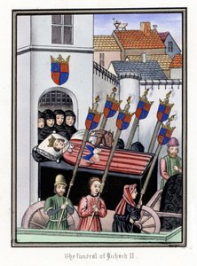 De begrafenisstoet van Koning Richard II van Engeland (1367-1400), vertrekkend van het kasteel van Pontefract naar de kathedraal van Saint Paul van Londen (Engeland)