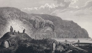 De inwoners van Oonalashka (of Unalaska, Alaska, Verenigde Staten) en hun huizen. Gravure eind 18e eeuw, naar John Webber door Unbekannter Künstler