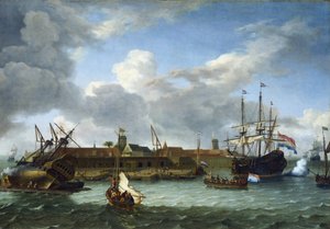 Het eiland Onrust, voor de kust van Batavia (nu Jakarta, Indonesië), uitgerust met alle infrastructuren die nodig zijn voor commerciële activiteiten en onderhoud van de schepen van de Nederlandse Oost-Indische Compagnie door Unbekannter Künstler