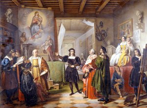 De schilder Raphael (Raffaello Sanzio 1483 - 1520) in zijn studio. door Unbekannter Künstler