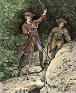 De jonge George Washington (1732-1799) werkend als landmeter in Virginia. Kleurengraving uit de 19e eeuw. door Unbekannter Künstler