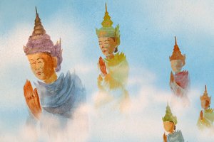 Thien Lam boeddhistische tempel, muurschildering, aanbidders, Hue, Vietnam, 2019 (foto)