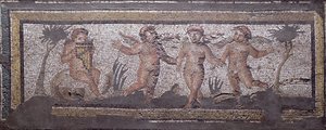 Drie dansende putti vergezeld door een die de panfluit speelt, randdetail van een mozaïekvloer die de seizoenen en jachtscènes uit de Constantijnse Villa in Daphne afbeeldt, Romeins, ca. 325-330 AD door Unbekannt