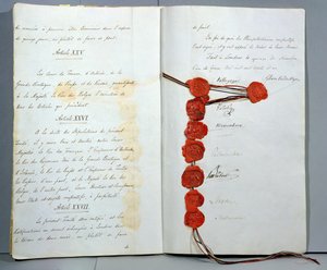 Verdrag dat België als een Soevereine Staat vestigt, ondertekend op 15 november 1831 op de Conferentie van Londen (pen en inkt & was op papier)