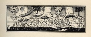 Bomen ontworteld door een storm planten hun wortels opnieuw op de exacte locatie waar ze waren. Illustratie door William Strang (1859-1921) en JB Clark uit 