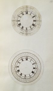 Twee ontwerpen voor grote emaille horlogewijzerplaten, uit mechanische notities en tekeningen samengesteld door John Harrison (1693-1776) en zijn zoon William (c.1726-72)