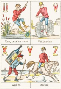 U V X Y Z; U: Een, twee en drie; V: Velocipede; X: Xeres; Z: Zephir - Spelletjes Alfabet, c.1890