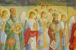 Oekraïne, Kiev, St. Michaëls Orthodox Klooster (orig 1108, herbouwd 2001), externe fresco