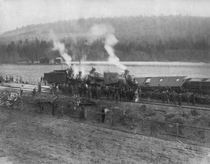Verenigde Staten: ca. 1885 Een Treinongeluk op het Platteland. (zw/w foto)