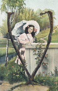 V : Een jong meisje in een roze jurk, een kapje op haar hoofd, een parasol in haar hand, staat in een landelijke omgeving - Alphabet personages Ref Th. E., L. Theochrom - Serie 994. Theodor Eisman, uitgever, Leipzig