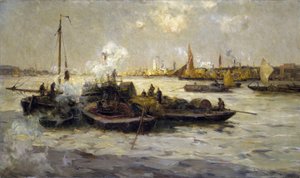Uitzicht op Limehouse, Engeland, met een beschrijving van de industrialisatie van de Theems aan het einde van het Victoriaanse tijdperk (laat 19e eeuw) en van sleepboten, cutters en schuiten, op de achtergrond de Witte Toren van Sint George