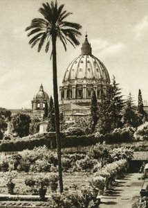 Zicht op de Vaticaanse tuinen en de Sint-Pietersbasiliek (San Pietro) in Rome