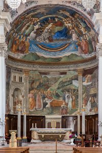 Uitzicht op het schip en het priesterkoor met de Verhalen van de Maagd, Duomo, Kathedraal van S. Maria Assunta, Spoleto, Umbrië, Italië