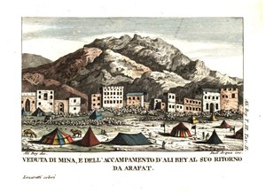 Uitzicht op het dorp Mina, in de woestijn van Arafat (Tent City, Mekka, Saoedi-Arabië). Illustratie door Ali Bey el Abbassi uit zijn reizen in Marokko, Tripoli, Cyprus, Egypte, Arabië, Syrië en Turkije, Londen 1816. Kopergravure door dell