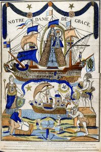 Maagd Maria als Madonna in Glorie (Notre Dame de Grace) als beschermster van zeelieden en reizigers, met de Heilige Geest die over een schip vliegt in het onderste deel. 19e eeuw (Franse houtsnede)