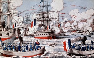 Oorlog tussen China en Frankrijk (1884-1885): Vernietiging van de Chinese vloot door admiraal Courbet in Fou Tcheou, 23 augustus door Unbekannter Künstler