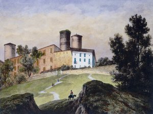 Aquarelprint door Francesco Gonin met het kasteel van Castiglione Falletto waar het wordt bewaard door Unbekannt