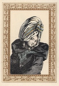 Vrouw in een nachtkaap en grote Voluptuese hoed. Handgekleurde lithografie door de Laubadere uit Octave Uzane