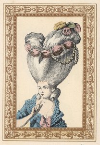 Vrouw met haar haar opgestoken over een pouf (steun) en versierd met bloemen, parels en een sjerp, genaamd de Vlo. De Pouf heeft de Chia. Handgekleurde lithografie door de Laubadere uit Octave Uzane