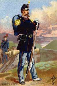 X: Marine-infanterie. Gravure in "Militair Alfabet". Initialen van de illustrator: A. D. Onbekende uitgever. Chromolithografieën eind 19e eeuw. Dim: 10,5x7cm