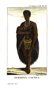 Jonge San vrouw die een kind voedt, Zuid-Afrika. Ze draagt een cape, kettingen en een kralenrok. Uit Francois Le Vaillant (Levaillant door Unbekannter Künstler