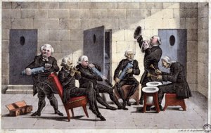 Amateurs spelen een courante, Franse cartoon tegen artsen (met spuiten en kamerpotten als muziekinstrumenten) en de zuiverende in de 18e eeuw, gravure door Elgelmann, ca. 1830 door Unbekannter Künstler
