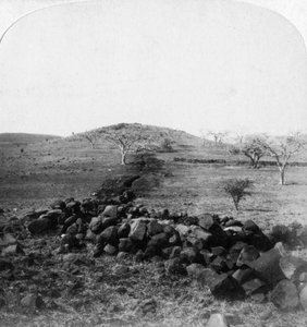 Boerengreppels en top van Harts Hill, scène van de beroemde aanval van de Ierse Brigade, Colenso, 1901 door Underwood and Underwood