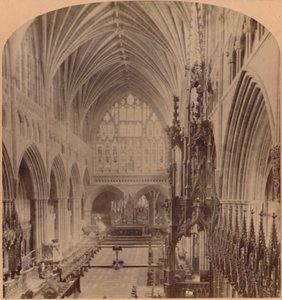 Het koor vanaf het westelijke uiteinde, kathedraal, Exeter, Engeland door Underwood and Underwood