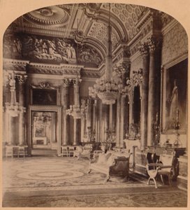 De prachtige blauwe kamer van de koningin, Buckingham Palace, Londen, Engeland, 1900 door Underwood and Underwood
