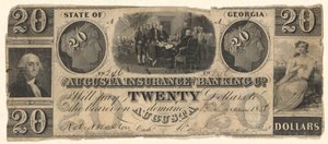 20 dollarbiljet uitgegeven door de Augusta Insurance & Banking Co., Augusta, Georgia in 1858 met gravures van Onafhankelijkheidsverklaring naar Trumbull, Washington naar Stuart (?) door Unknown