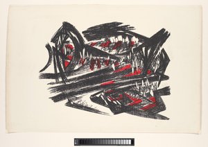 Abstracte voorstelling in rood, zwart en wit