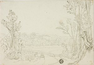 Kar op weg over brug tussen bomen; villa in de verte