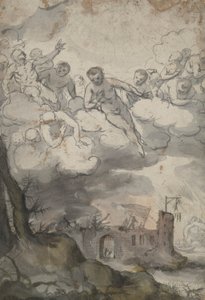 Hemelse figuren boven een kasteel verwoest door Dood en Duivel door Unknown