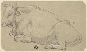 Koe liggend op lendenen (recto); Kop van een vrouw en schets van paardenhoofd (verso)