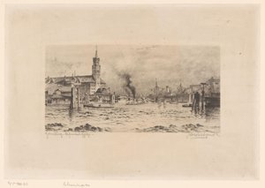 Gezicht op de Kehrwiederspitze en een kerk, te Hamburg