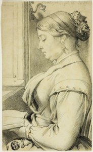 Portret van een vrouw op halve lengte (van voren naar links) lezend bij een raam van een opera door Unknown