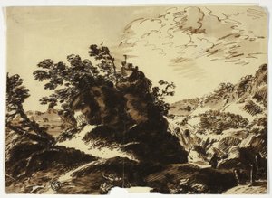 Heuvelachtig landschap met figuur op de voorgrond door Unknown