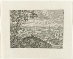 Landschap met stadszicht en stralende zon