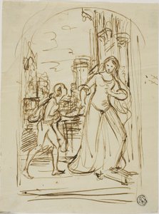 Literaire illustratie: Middeleeuwse dame met pagina (recto); schetsen van figuren (verso)