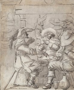 Mannen die kaarten spelen (recto); Herberginterieur met staande man die rookt (verso) door Unknown