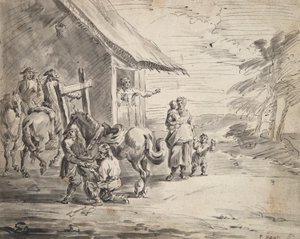 Mannen die een paard beslaan buiten een herberg