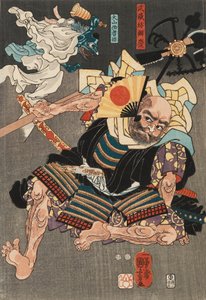 Minamoto Yoshitsune vecht tegen Benkei op de Gojo-brug, met hulp van tengu-demonen, 1847-1850