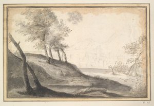Bergachtig landschap met bomen en stad in de verte door Unknown
