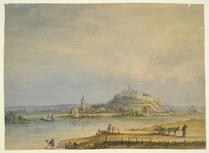 Rivierscène met Stad, Kasteel op Heuvel en Werkende Boeren door Unknown